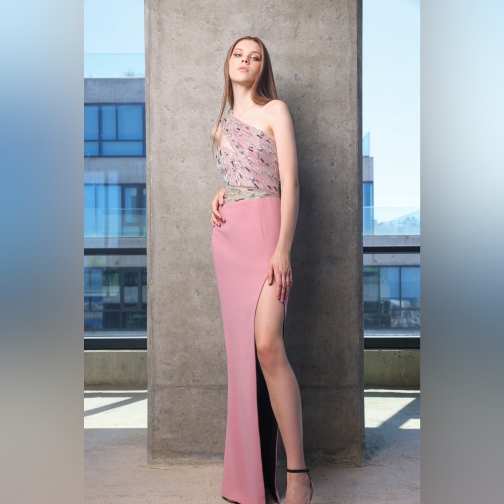 Swarovski hand embellished one shoulder dress.